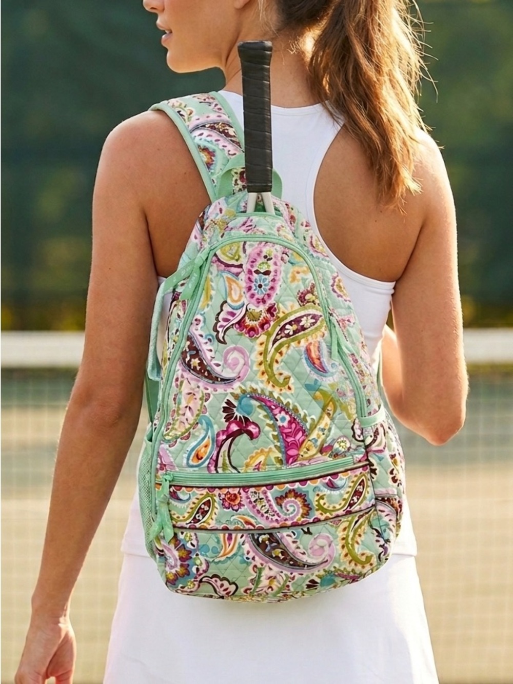 Vera Bradley Mint Paisley Quilted Sling Tennis Backpack